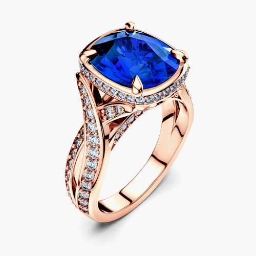 Pierścionek SAVICKI: różowe złoto, niebieski szafir, diamenty